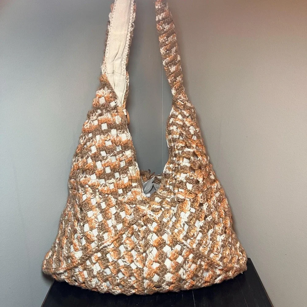 Handmade Crochet Hobo Bag Lined Boho Shoulder Purse Peach Tan Cream Wood Buttons